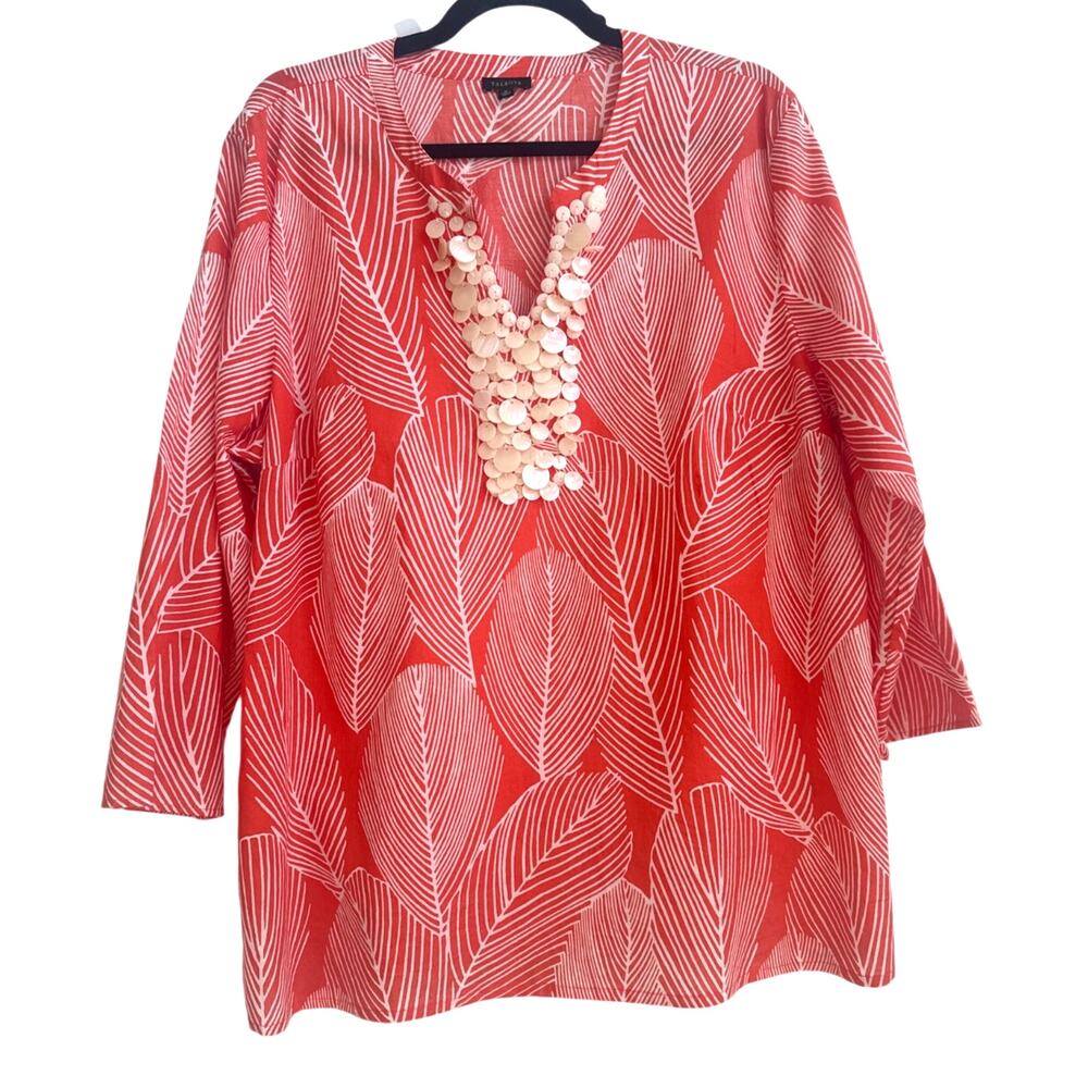 Talbots Tropical Orange and White Leaf Pattern With Shell Bead Detail